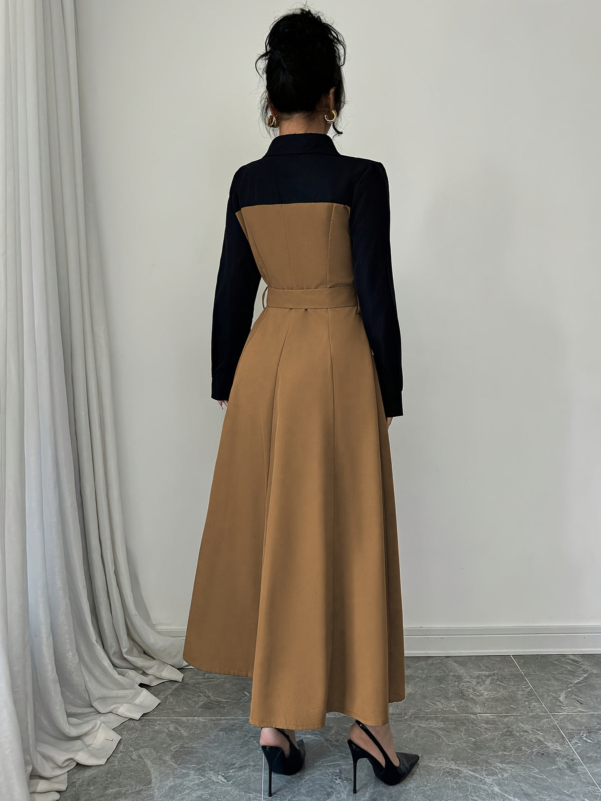 Fashionable Versatile Elegant Commute V-Neck Patchwork Contrast Solid Long Sleeve Waist-Cinching Belt Dress - Rust