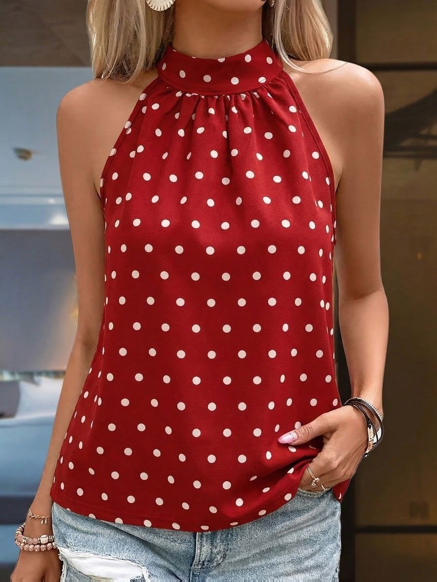 Women'S Spring/Summer Casual Elegant Polka Dot Halter Vest with Back Buttons, Easy Versatile Style, Suitable for Fashion Commuting, Casual Home Wear - Red