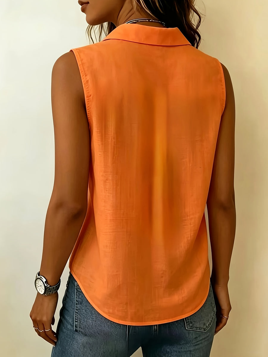 Pleated Design Statement Sleeveless Shirt, Women'S Lapel V-Neck Loose All-Match Summer Commute Top - Orange