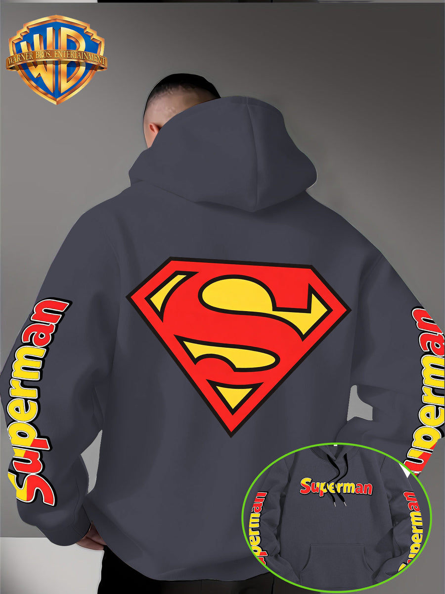 DC Superman Classic S Logo Print Hoodie American Casual Fall Winter Sweatshirt - Men'S Versatile Pullover, Cozy And Warm Fleece-Lined Top for Sports, Outdoor, Travel, Daily Wear, Commute, Home, Perfect Gift for Lovers And Friends - Unisex - Dark Gray