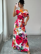 Elegant, Exquisite And Fashionable Women'S Floral Print Asymmetric One-Shoulder Oblique Neck Dress, Bridesmaid Dress - Red