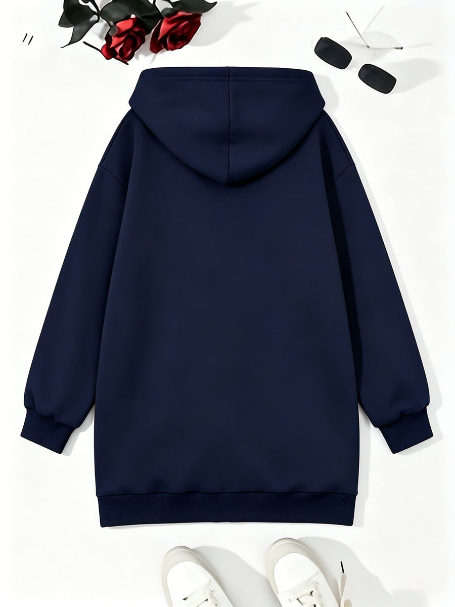 Loose-fit Mid-length Cardigan Hooded Sweatshirt with Letter Print - Navy Color