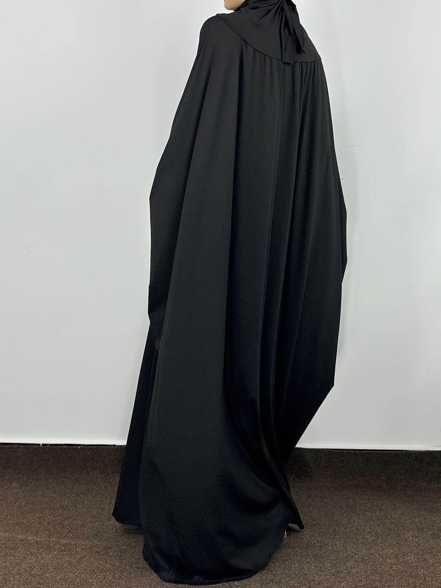 Muslim Smocking Sleeve One-Piece Prayer Robe Hooded Islamic Dubai Saudi Robes Turkish Modesty - Black