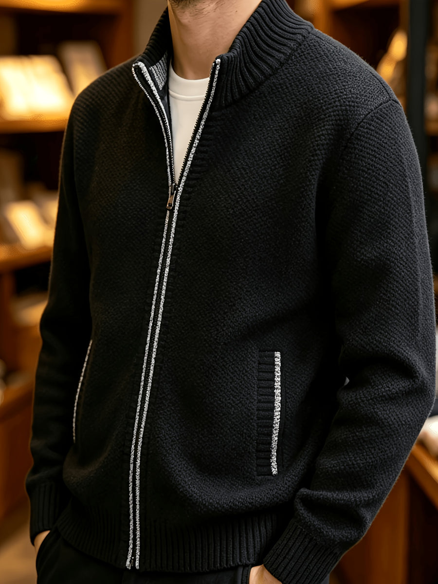 A Single Men's Thick Knitted Sweater Jacket, Made of Soft and Plush Fabric to Keep Warm and Comfortable, Easy to Match for Daily Commuting and Leisure. (Includes Only One Jacket) - Black