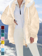 Ladies Autumn Winter Relaxed Cut Plush Hooded Outercoat, Contrast Color Trim Zip Front Warm Lined Jacket, Ribbed Cuff Windproof Casual Outerwear for Daily Commuting and Cold Season Everyday Styling - Apricot