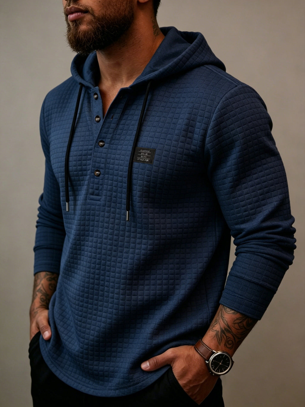 Men's Fashion Hoodie, Autumn/Winter Long-Sleeve Hooded Top, Niche Small Check Jacquard Comfortable Fabric, Solid Color Knit with Hood Craftsmanship, Stylish Men's Apparel, New Fabric Process Design, Suitable for Outdoor Leisure, Street Hiking Wear - Navy Color