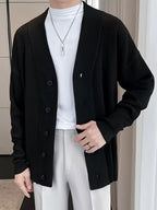 Men'S Stylish Knit Cardigan with Shirt - Casual, Loose Fit, Long Sleeve, V-Neck, Ribbed Detail, Fall/Winter Fashion, Casual Wear|Stylish Cardigan|Knit Construction, Sweater Cardiga - Black