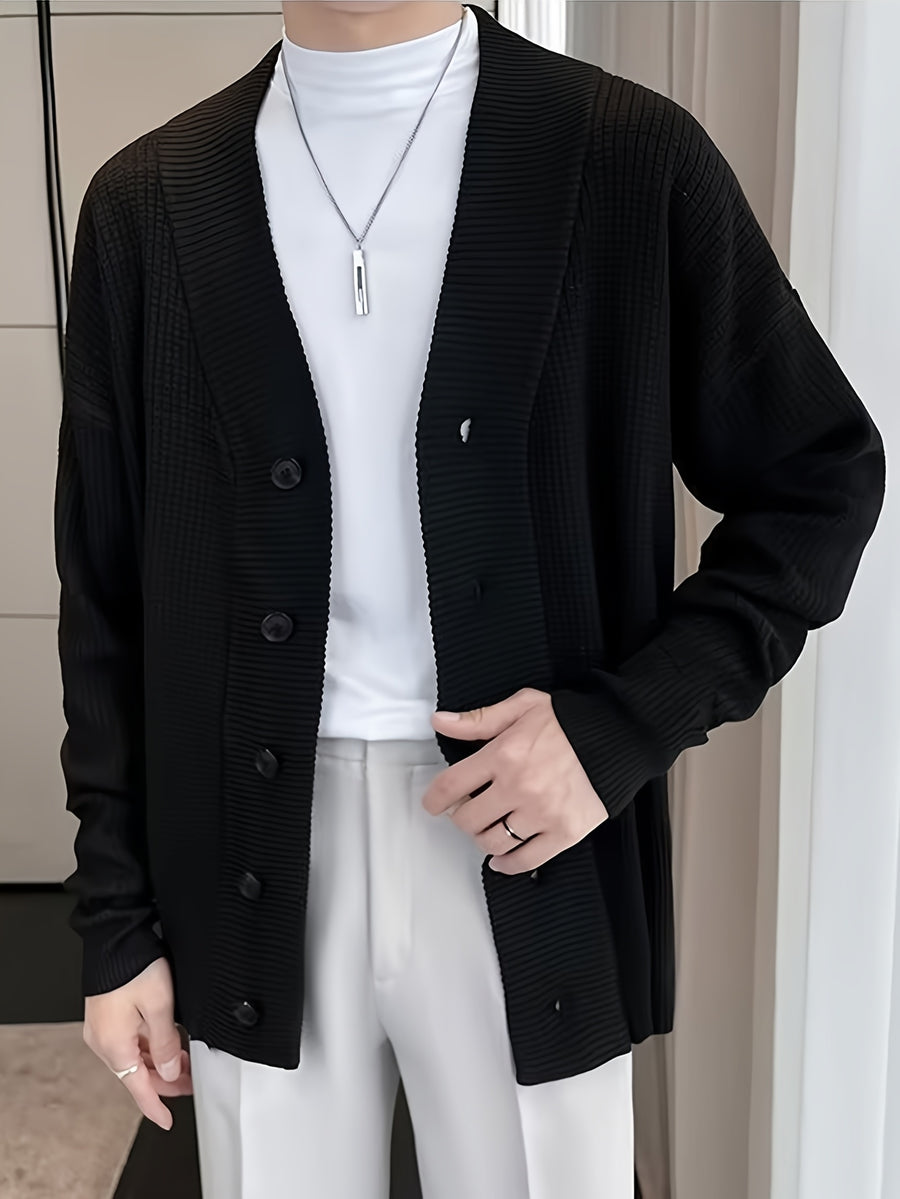 Men'S Stylish Knit Cardigan with Shirt - Casual, Loose Fit, Long Sleeve, V-Neck, Ribbed Detail, Fall/Winter Fashion, Casual Wear|Stylish Cardigan|Knit Construction, Sweater Cardiga - Black