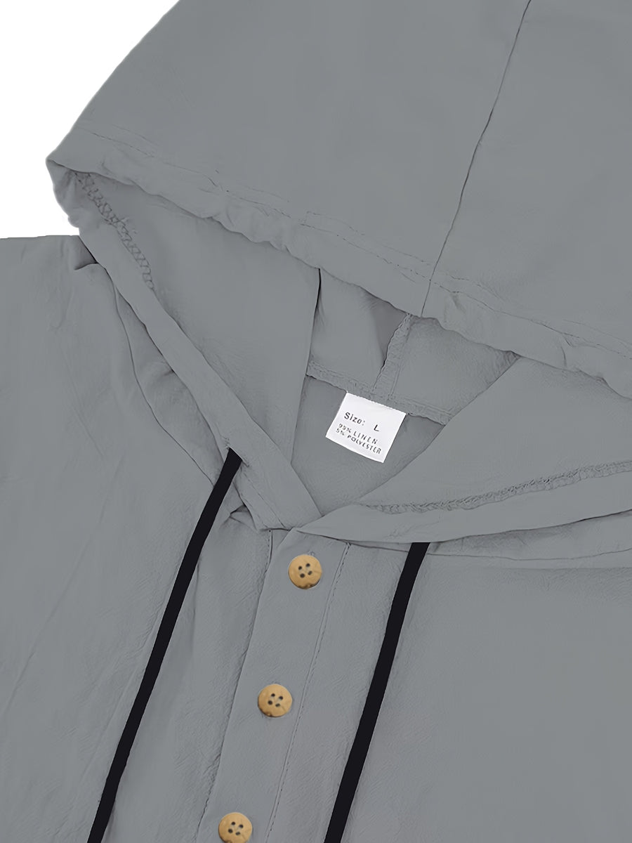 Men'S Hooded Linen Long Sleeve T-Shirt, Linen Summer Vacation Style Casual Henley Thin Top - Grey