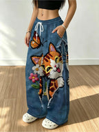Women'S Fashion Casual Trousers, Mixed Colors, Multi-Sizes Available, Fabric, Cute Cat And Flower And Butterfly Print, Suitable for Wife/Mother, Gothic Style, Ideal Holiday Gift, Playful Whimsical Design, Comfortable And Stylish - Mixed colors