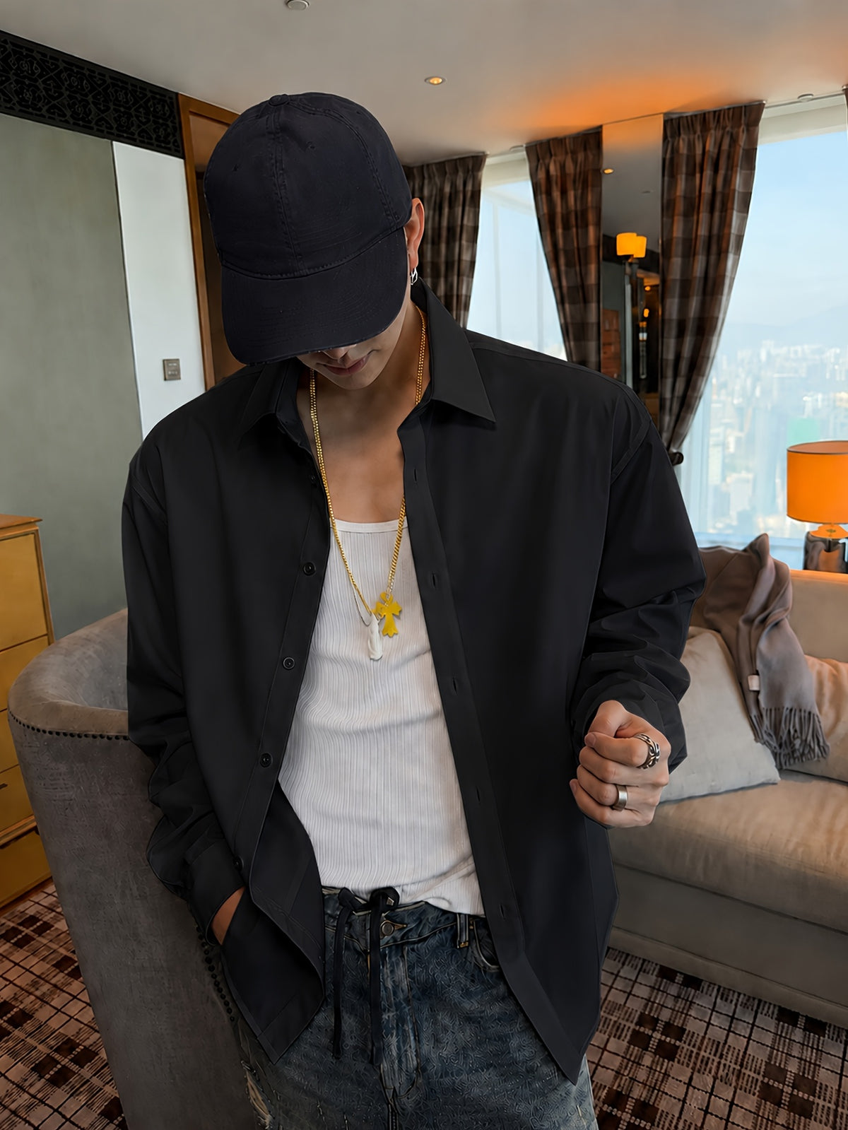 Solid Color Long Sleeve Shirt for Men, Fashionable Spring/Autumn Casual Loose White Shirt, Daily Commute Business Workwear, Korean Style Temperament Top Shirt Jacket - Black