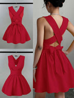 Women'S Romantic Elegant Sexy Wedding Guest Style Wearable Cross V-Neck Sleeveless A-Line Mini Dress - Red