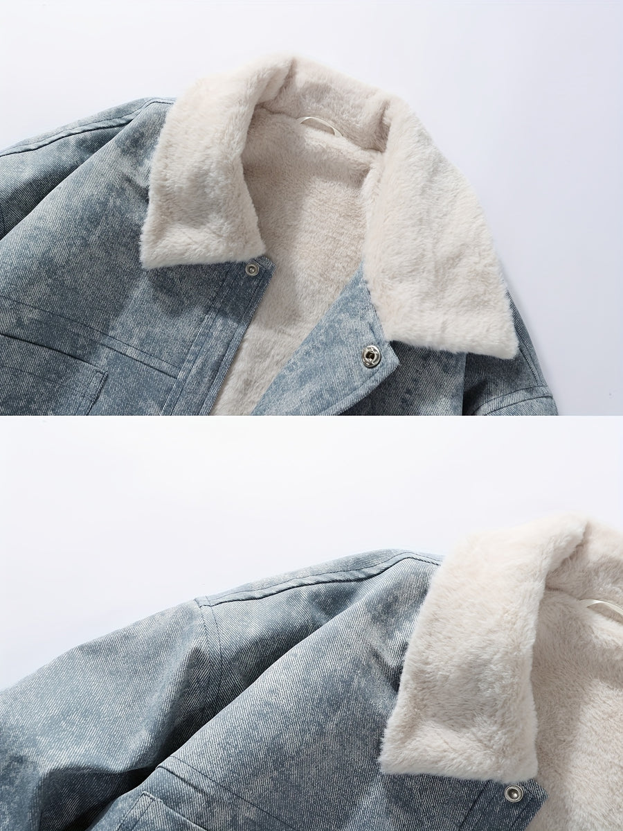 Fashion Street Trendy Autumn Winter Men'S Lapel Jacket Retro Faux Denim Fleece Thick Cold-Proof Cargo Jacket Top - Blue