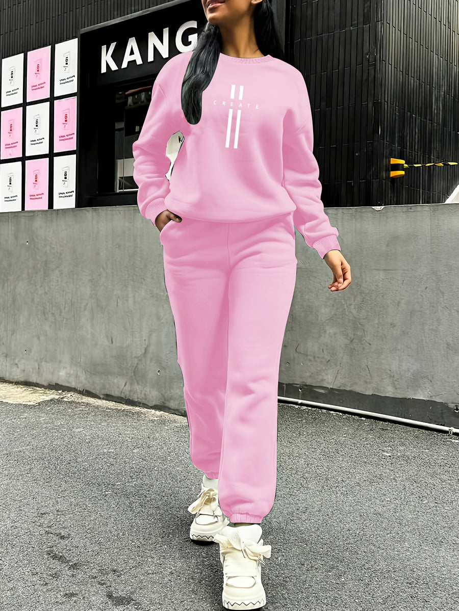 Women'S Autumn Winter Two-Piece Set, Easy Pattern Sweatshirt And Jogger Pants - Bright Pink Color