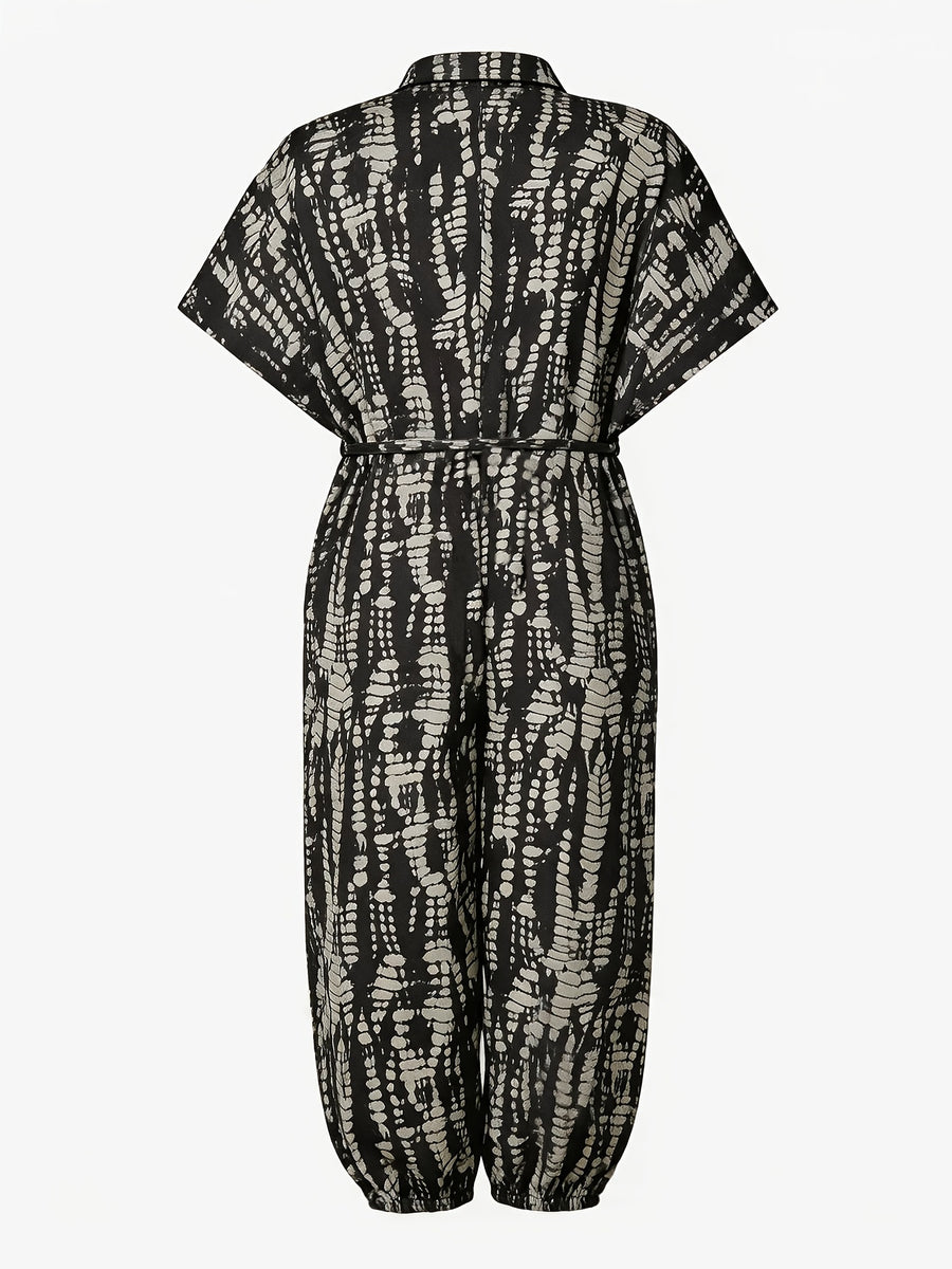 Summer Lapel Short-sleeve Printed Jumpsuit with Front Button Design, Comfortable to Wear, Elegant and Casual Overall for Women, Batwing Sleeve Design, Wide-leg Design with Front Tie, Suitable for Dates, Work, Vacations, Festivals, and Casual Wear - Mixed colors