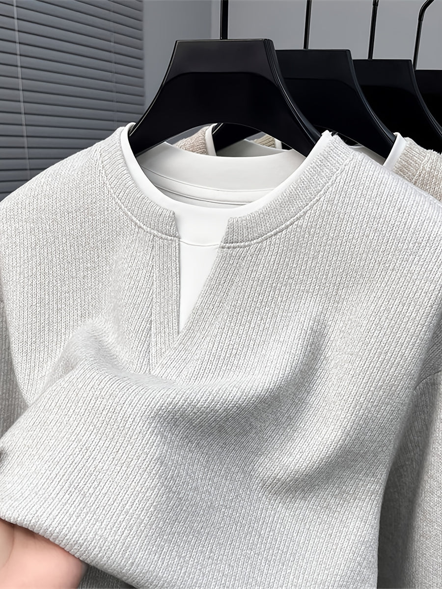 Men's Vertical Stripe V-Neck 2-in-1 Look Long-Sleeve Pullover Top, Regular Shoulder Long Sleeves, Ribbed Cuffs and Hem, Can Be Worn Alone or as a Layering Piece - SINBOS - Light Grey