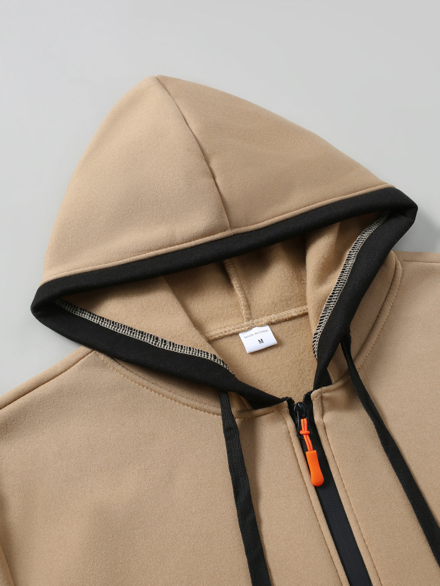Men'S Color-Block Hooded Cardigan College Style Sweatshirt Casual Fashion Jacket Design Black Pattern Print Fleece Warm Autumn And Winter Long-Sleeved Top - Khaki