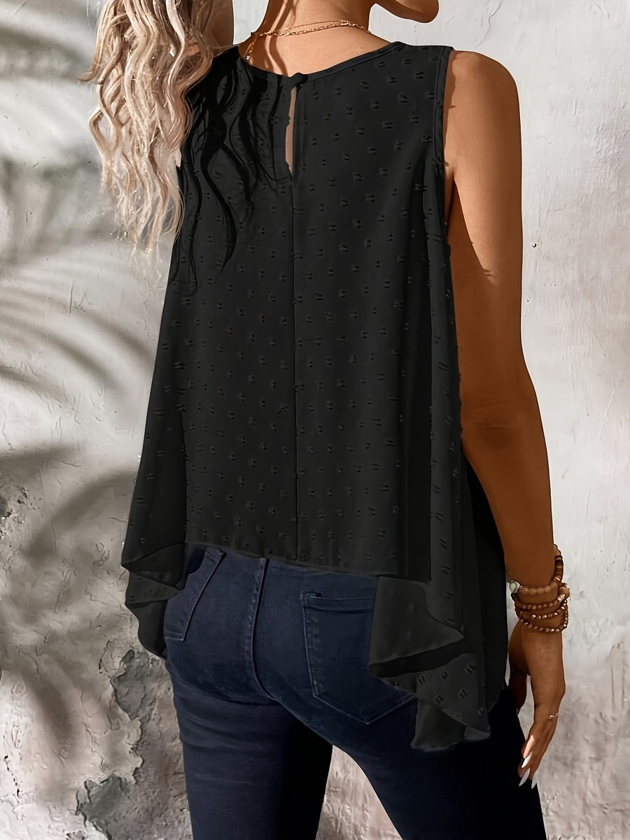 Fashionable Solid Color Round Neck Asymmetrical Hem A-Line Tank Top, Women's Elegant Top - Black