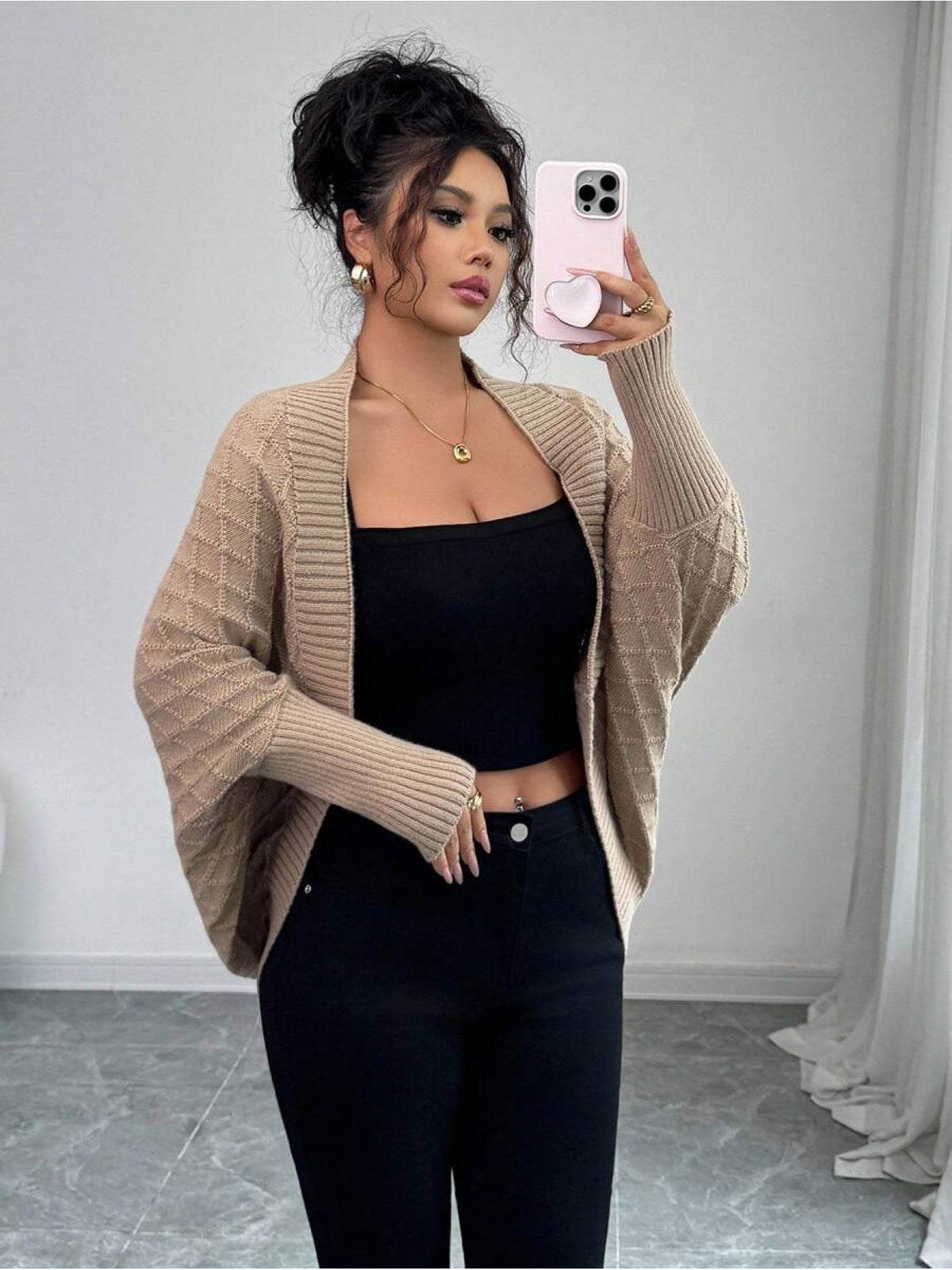 Women'S Cardigan: Casual Elegance with Batwing Sleeves Mid-Length Jumper, Versatile And Sophisticated Knitwear - Khaki