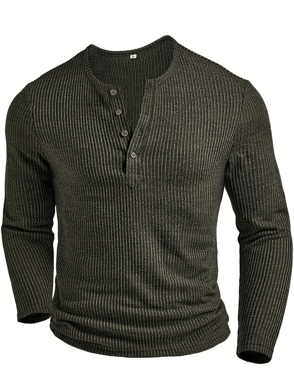 Men's Fashion Top, Autumn/Winter Casual Textured Ribbed Fabric Crew Neck Single-Breasted Long Sleeve Men's Henley Shirt - fern green