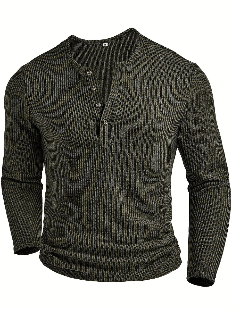 Men's Fashion Top, Autumn/Winter Casual Textured Ribbed Fabric Crew Neck Single-Breasted Long Sleeve Men's Henley Shirt - fern green