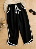Women'S Pants, Easy Lazy Style American Retro Capri Pants, Elastic Waist Drawstring Design, Loose Contrast Trim Capri Pants, Comfortable Home Casual Trousers - Black