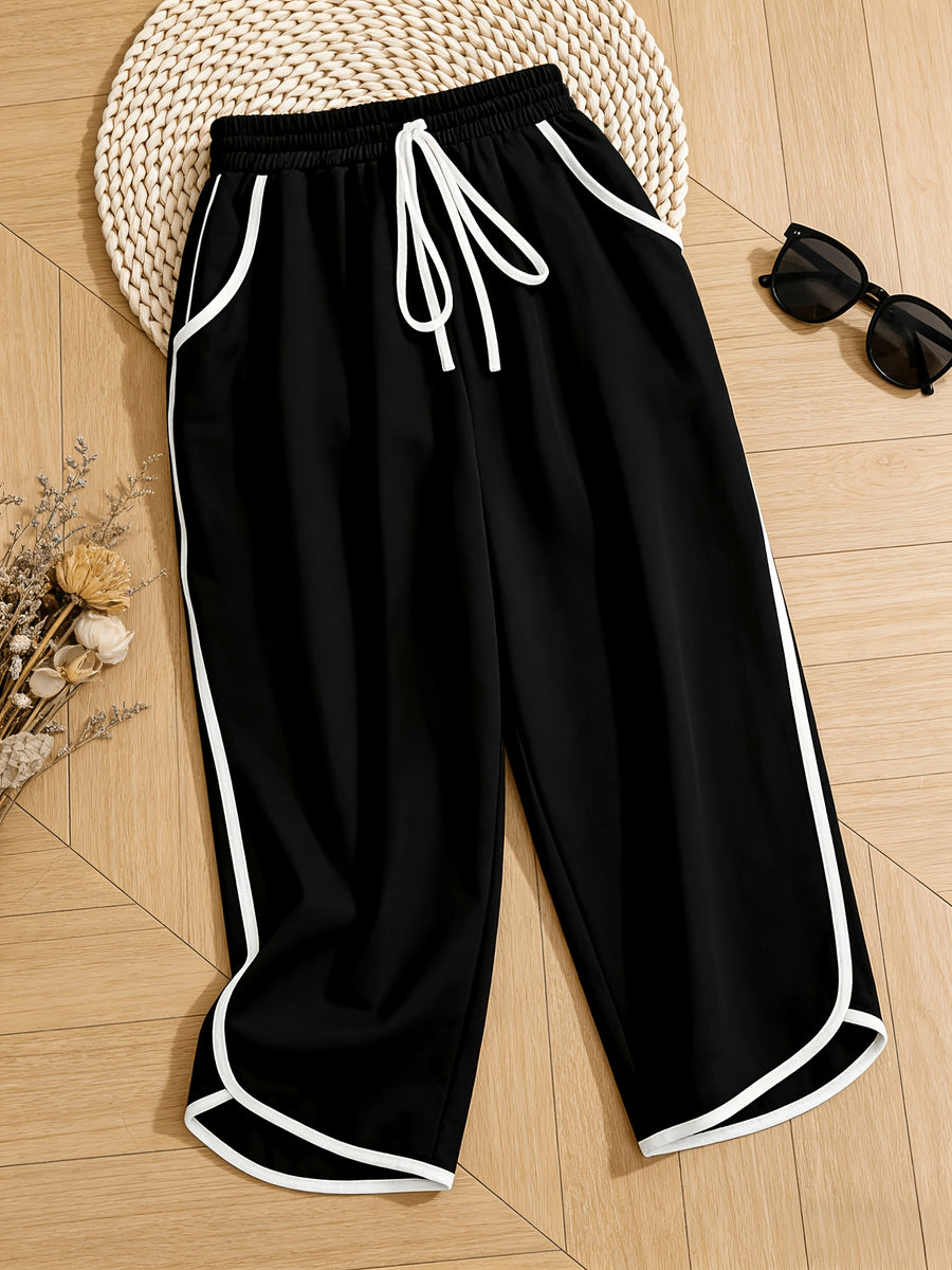 Women'S Pants, Easy Lazy Style American Retro Capri Pants, Elastic Waist Drawstring Design, Loose Contrast Trim Capri Pants, Comfortable Home Casual Trousers - Black
