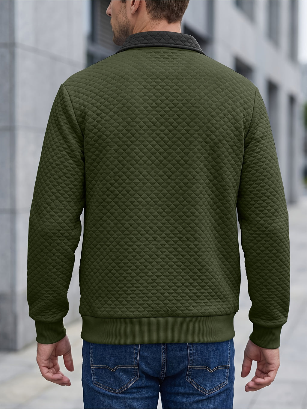 BOWZ Men's Lapel Sweatshirt, Autumn/Winter Men's Half-Zip Polo Sweatshirt, American-Style Henry Shirt Color-Block Sweatshirt, Trendy and Versatile, Warm and Breathable, with Zipper and Pocket Design, Suitable for Outdoor Sports and Casual Home Wear - Olive Green