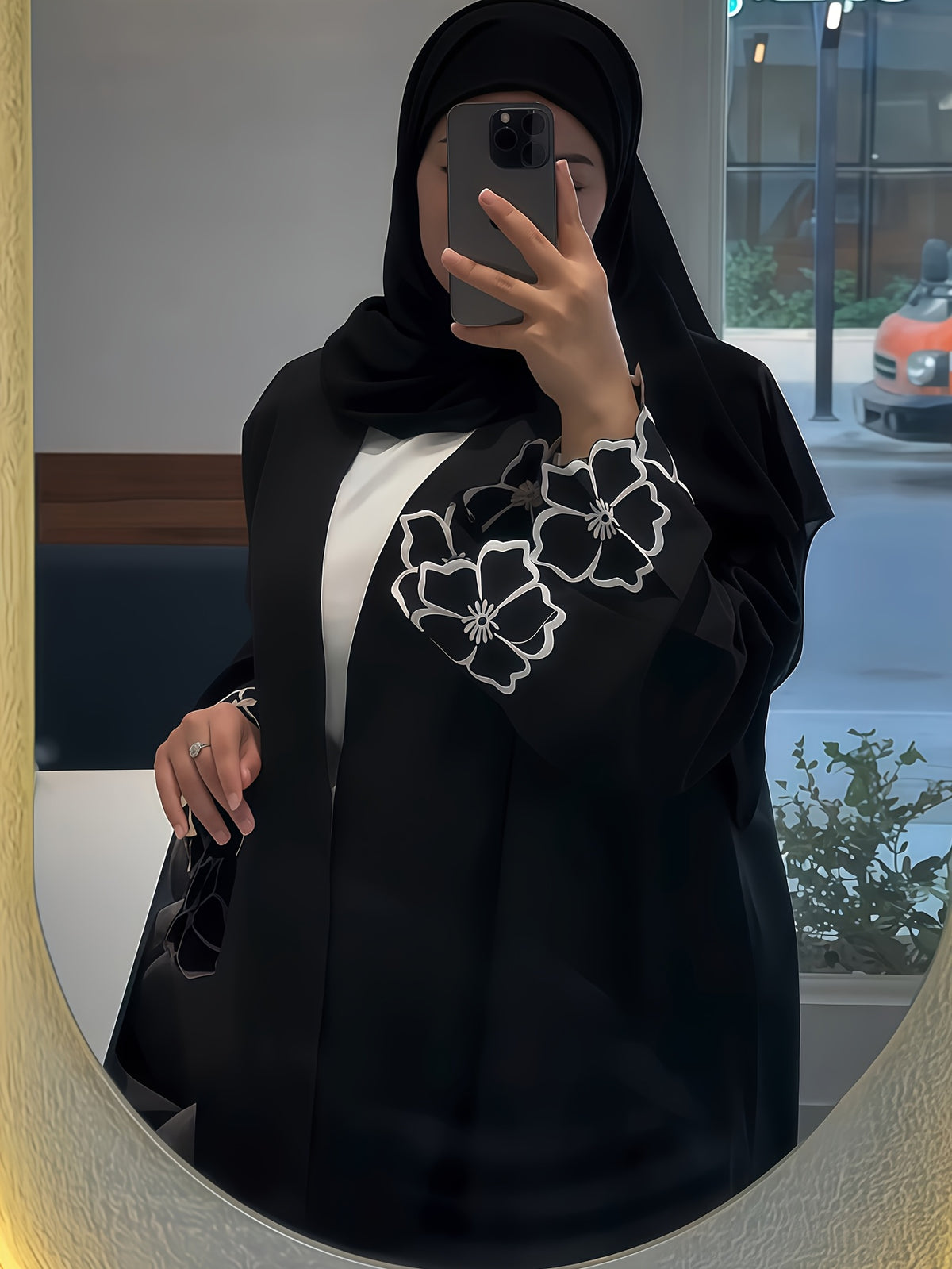 1pc Women's Elegant Floral Embroidered Saudi Arabian Abaya - Open Front Long Sleeve Loose Fit Islamic Dress, Middle Eastern Traditional Attire for Daily Wear, Vacation, Parties & Gatherings, Muslim Dress - Black