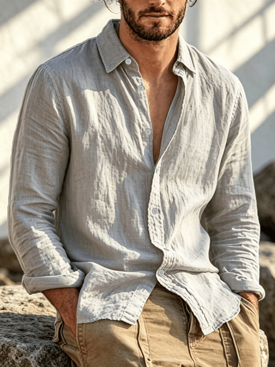 Single Piece Summer Men's Cotton and Cotton And Linen Blend Long Sleeved Shirt, 26 Year Fashionable and Simple Style, Loose Fit, Button up Cardigan Versatile Design, Soft and Breathable Fabric, Preferred for Daily Leisure Commuting - Grey