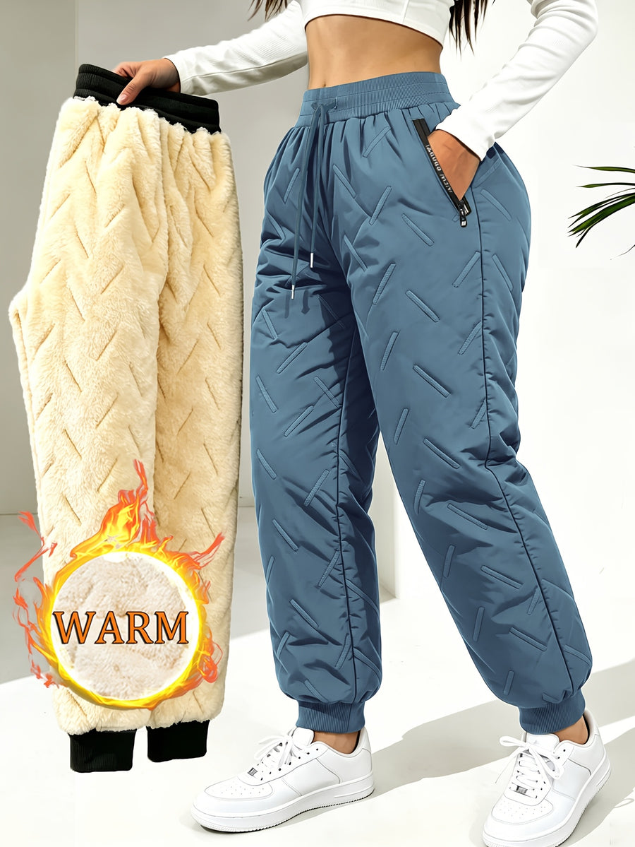 Hidkat Women's Winter Thermal Trousers - -Lined Thickened Pants with Soundwave Technology Embossed Fabric, Zipper Pockets & Adjustable Waist, Cuffed Tapered Trousers Suitable for Outdoor Casual Wear, Gift Exchange (Hand Washable) - Fog Blue