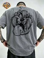Le Yitong Big Mouth Monster Big Head Sketch Front And Back Print Washed T-Shirt, American Retro Washed Distressed Style Loose Short Sleeve, Unisex Machine Washable T-Shirt, Suitable for Daily Wear, Commuting, And Outdoor Outfits - Grey