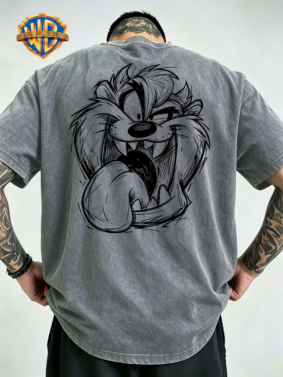 Le Yitong Big Mouth Monster Big Head Sketch Front And Back Print Washed T-Shirt, American Retro Washed Distressed Style Loose Short Sleeve, Unisex Machine Washable T-Shirt, Suitable for Daily Wear, Commuting, And Outdoor Outfits - Grey