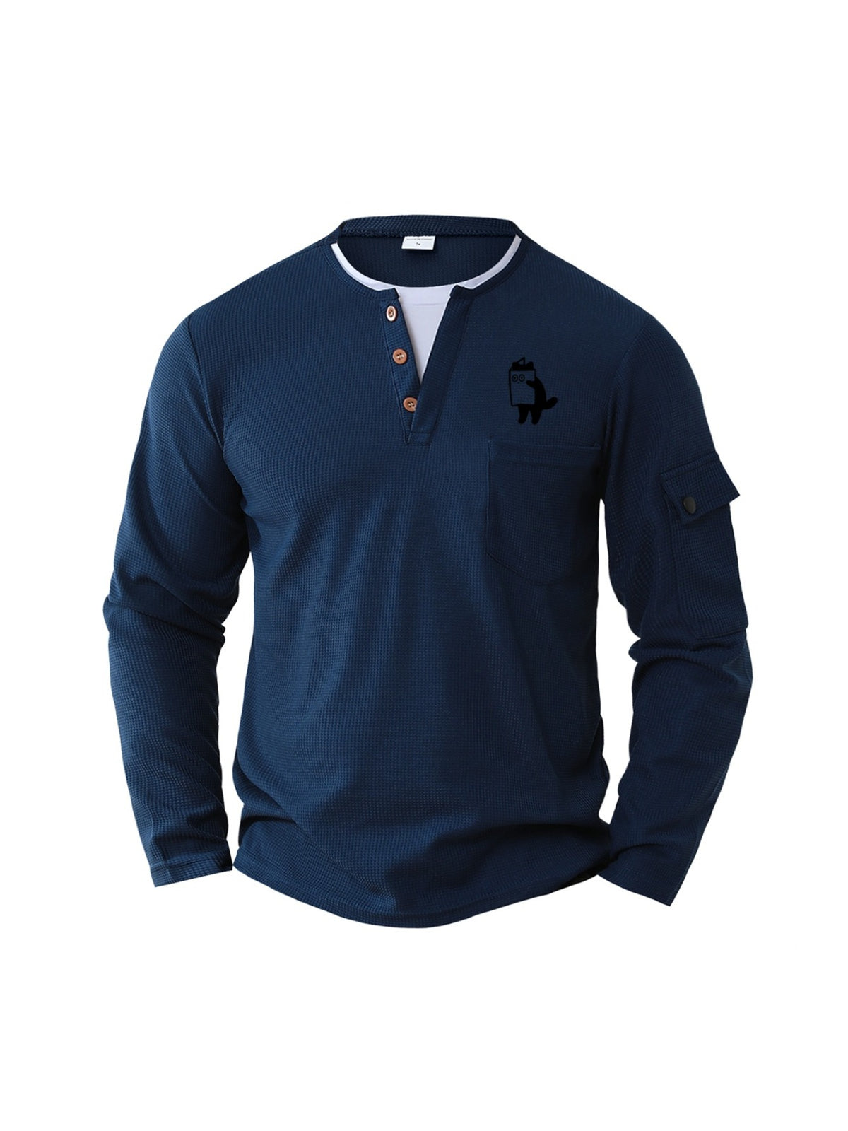 New Men's Waffle Knit Fake 2pcs Polo Shirt with Print, Sporty Fitness Leisure Comfortable Top - Navy Color
