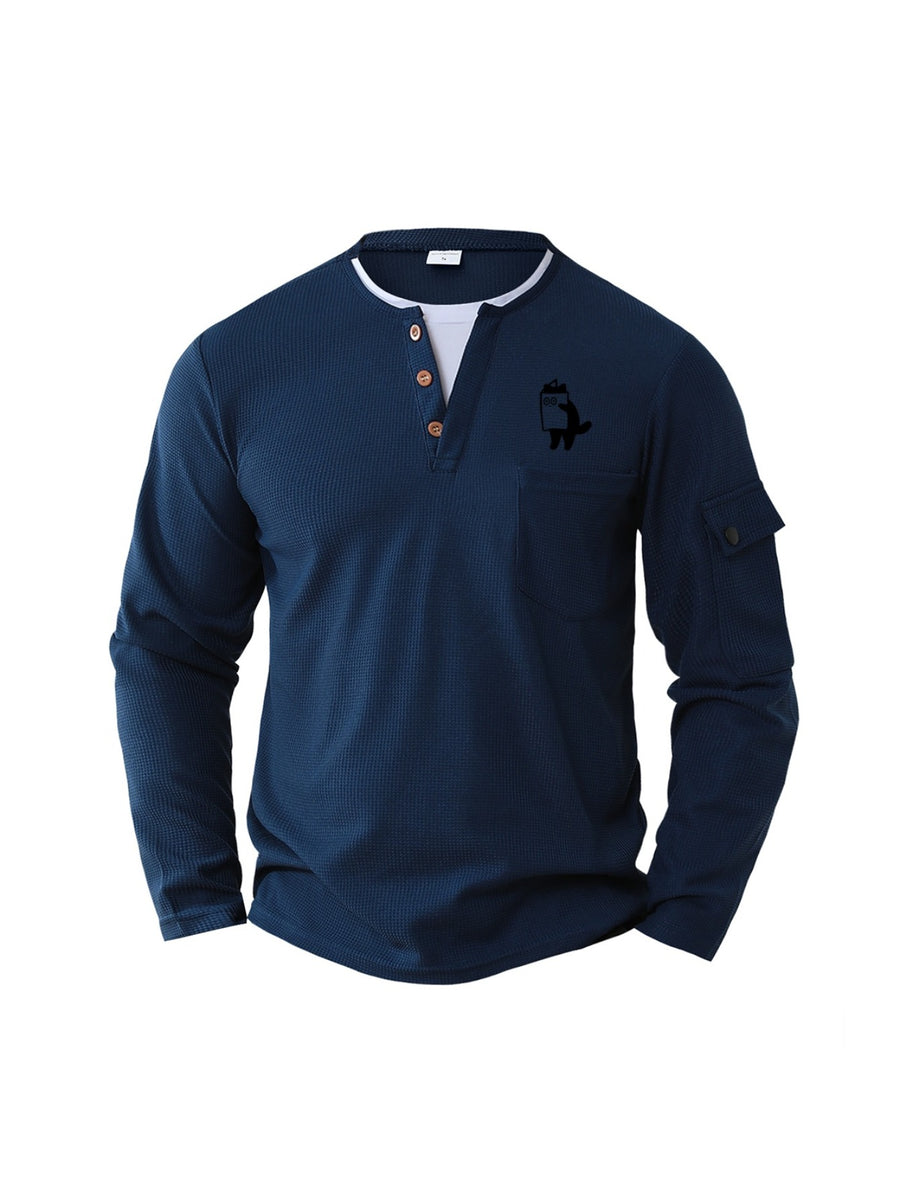 New Men's Waffle Knit Fake 2pcs Polo Shirt with Print, Sporty Fitness Leisure Comfortable Top - Navy Color