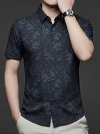 Holiday Gift, Men's, Casual, Seamless, Printed, Short-sleeve Shirt, Cool and Wrinkle-resistant, Fashionable Cardigan - Navy Color