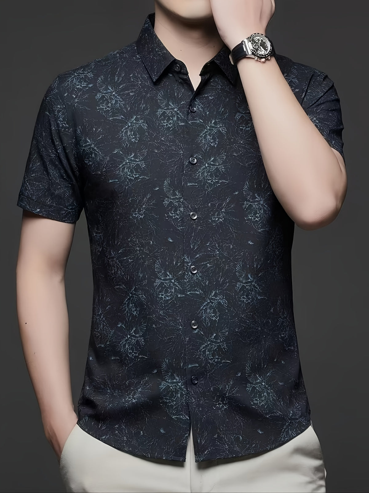 Holiday Gift, Men's, Casual, Seamless, Printed, Short-sleeve Shirt, Cool and Wrinkle-resistant, Fashionable Cardigan - Navy Color