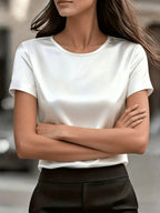 Women's Simple Round Neck Short Sleeve T-Shirt - Satin Texture, Ideal for Mother's Day & Independence Day Commute, Suitable for Spring & Summer Office & Casual Looks, Luxury Style Outfit - White