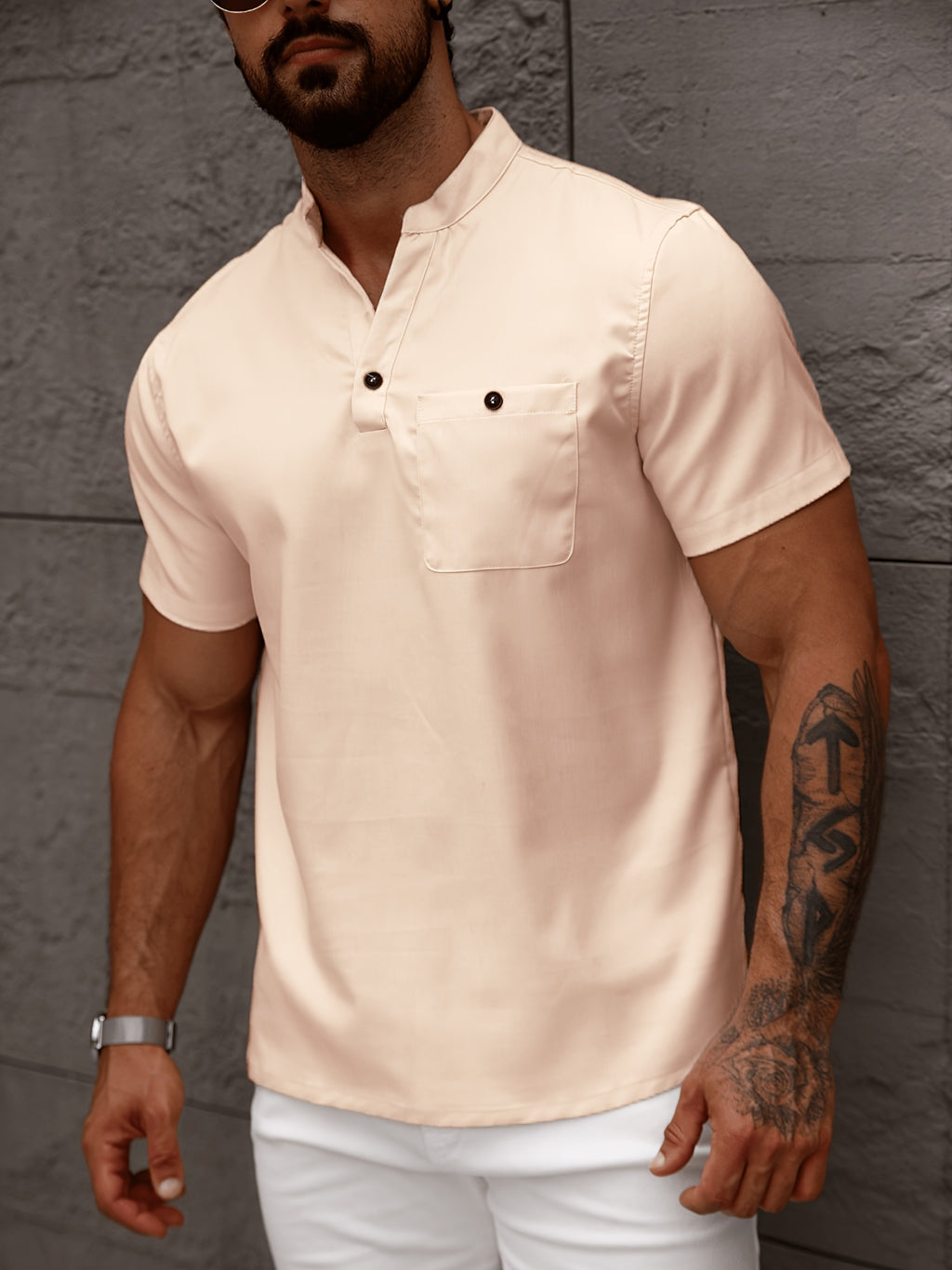 -Border Trade Men'S Fashion Summer Casual Short-Sleeved Henley Shirt by Pearson Selected - Khaki