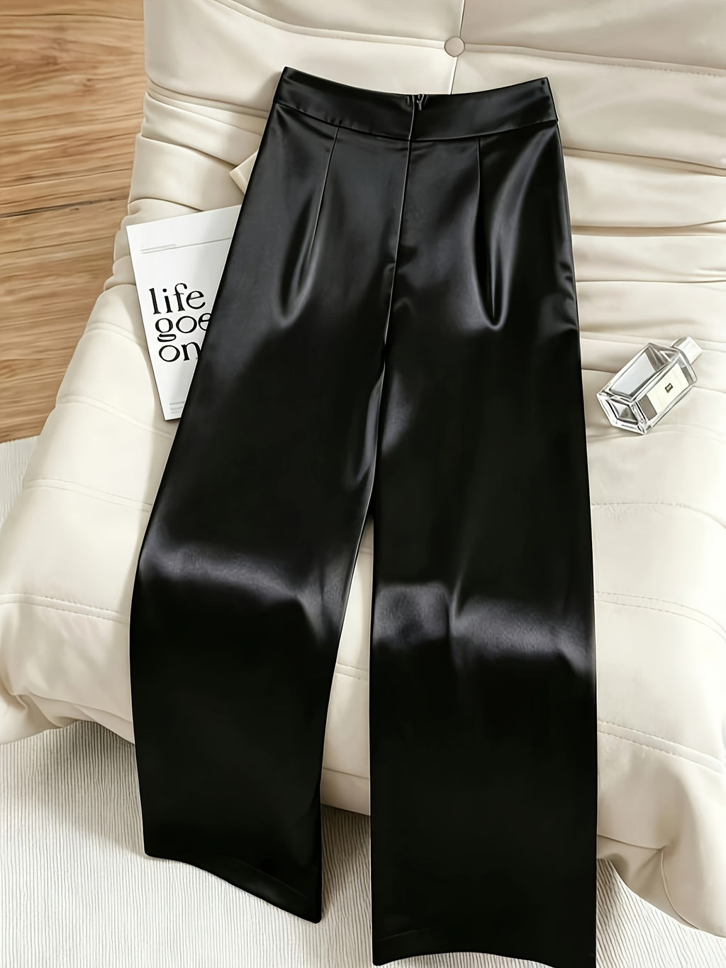 Women'S Fashion Commuter Satin Irregular Lace Bow Zipper Wide-Leg Long Pants - Black