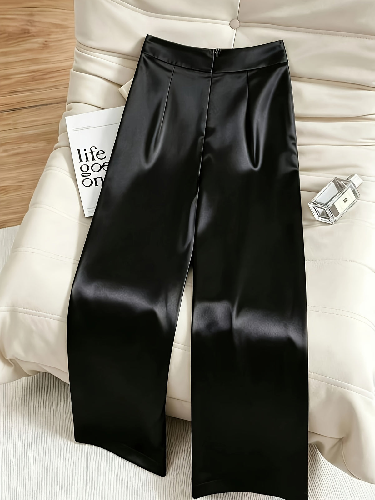 Women'S Fashion Commuter Satin Irregular Lace Bow Zipper Wide-Leg Long Pants - Black