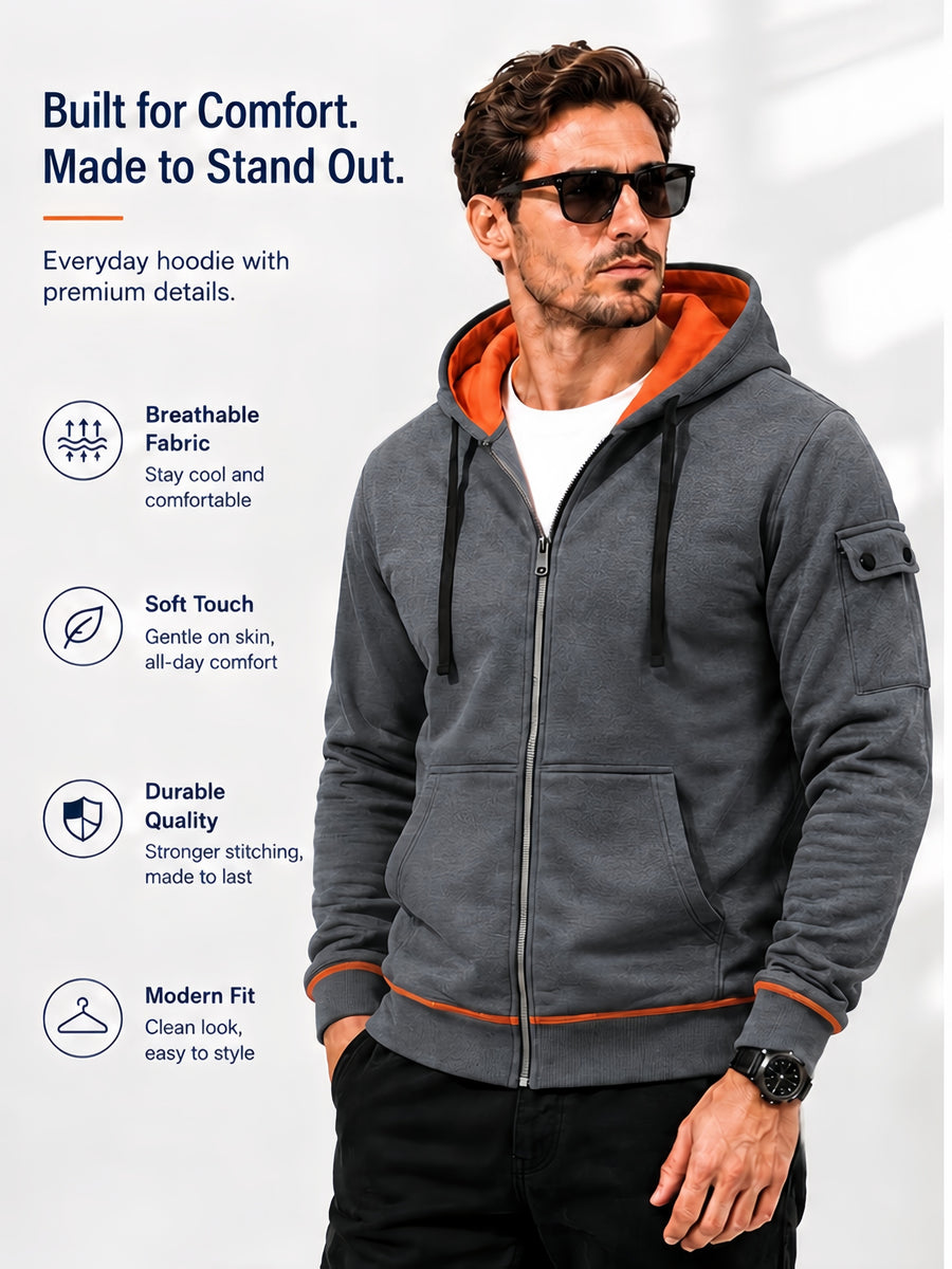 Hoodie, Men'S Fashion Color-Block Zip-Up Hoodie, Multi-Pocket Design Showcasing Individuality, Solid Casual Versatile Hoodie, Autumn/Winter Outerwear - Dark Gray