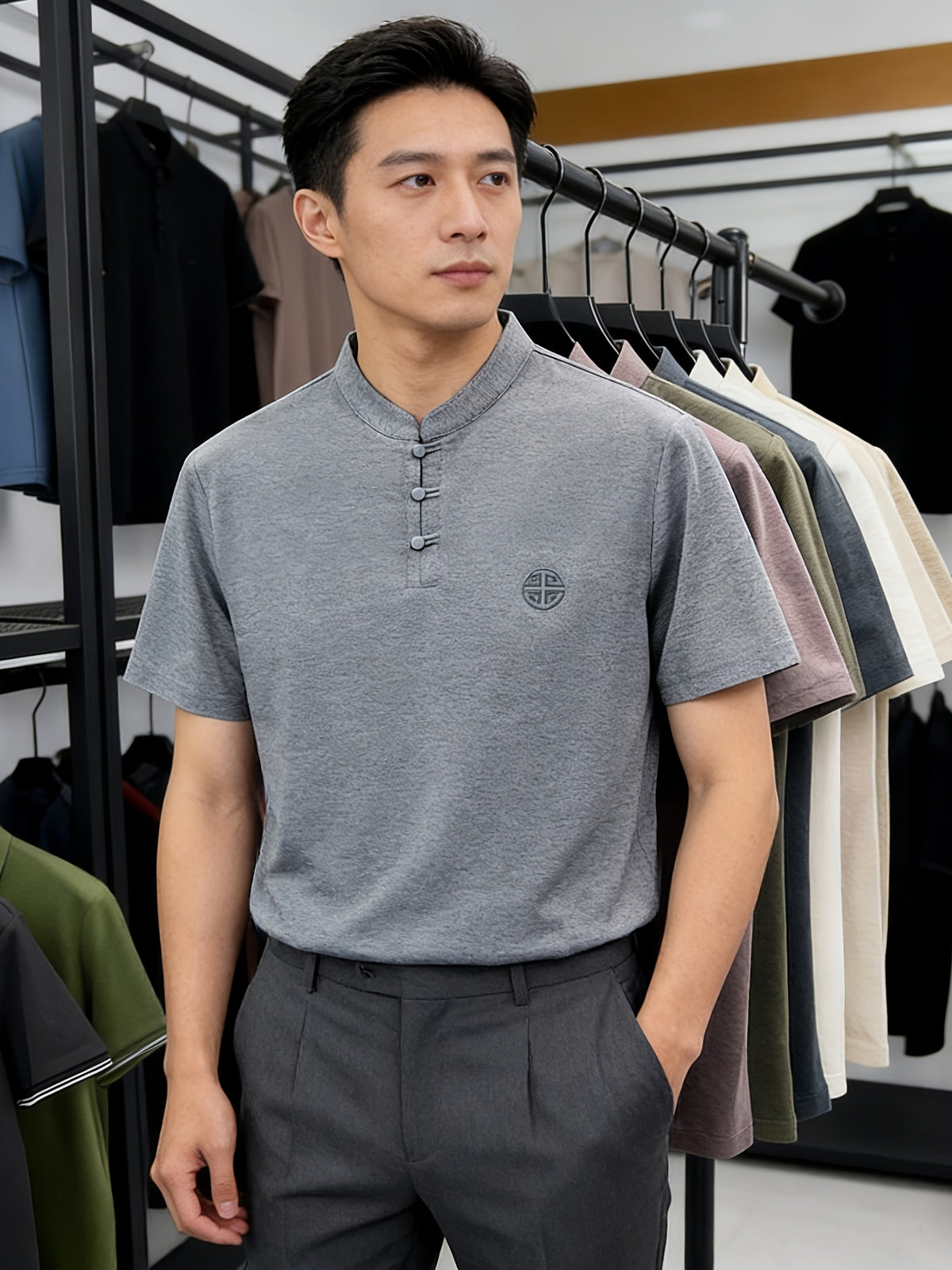 Summer New Fashion Chinese Style Comfortable Fabric Men'S Casual Sports Polo Shirt Short Sleeve, Gift, Casual Wear - Grey