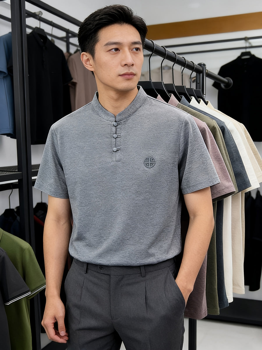 Summer New Fashion Chinese Style Comfortable Fabric Men'S Casual Sports Polo Shirt Short Sleeve, Gift, Casual Wear - Grey