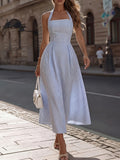 Women'S Striped Printed Halter Neck Sleeveless Party Dress - Light Blue