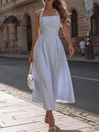 Women'S Striped Printed Halter Neck Sleeveless Party Dress - Light Blue