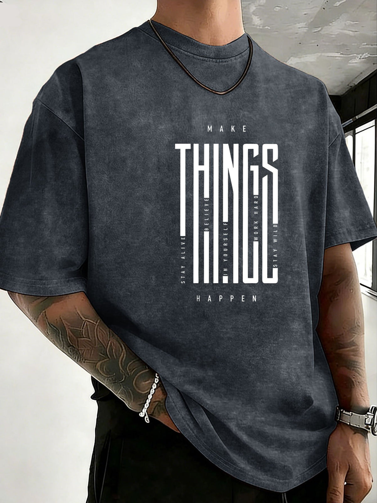 2026 New Unisex T-Shirt, Washed Pure Cotton with Distressed Texture, Double-Sided Print, Breathable and Sweat-Absorbent, Loose Fit for Outdoor Fitness and Sports, Trendy Short Sleeve - Navy Color