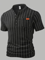 Men'S Fashion Top, Spring Summer Outdoor Casual Textured Striped Wrinkle-Look Fabric, Henley Collar Single Button Patchwork Short Sleeve Men'S Henley Shirt - Black