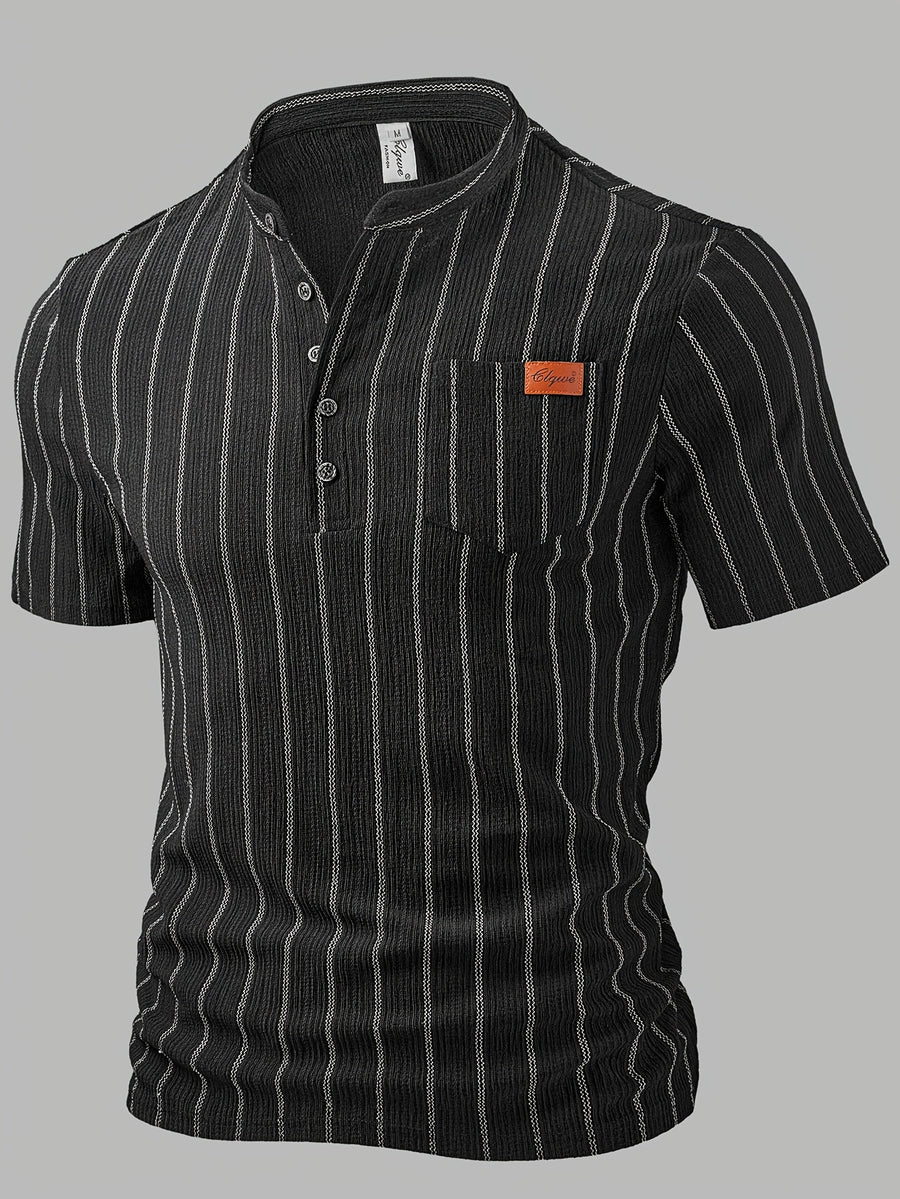 Men'S Fashion Top, Spring Summer Outdoor Casual Textured Striped Wrinkle-Look Fabric, Henley Collar Single Button Patchwork Short Sleeve Men'S Henley Shirt - Black