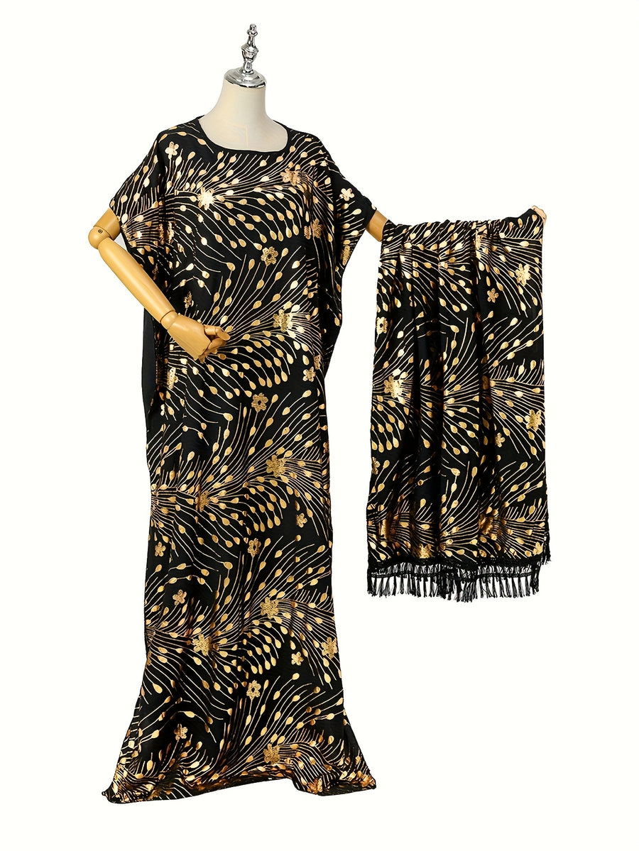Women's Pattern Robe with Beige Tassel Set, Arabic Luxury Abaya, Headscarf, Elegant Round Neck Dress, Short Sleeve Style - Mixed colors